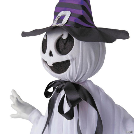 Smiling Ghost Halloween Hanging Decoration with Witch Hat and Bow Design, featuring a classic spooky Halloween witch