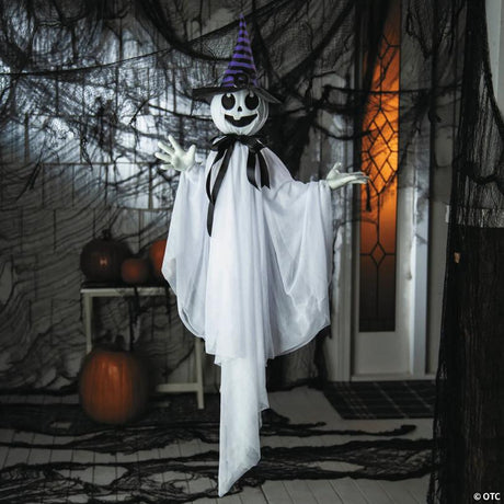 Smiling Ghost Halloween Hanging Decoration with Witch Hat and Bow Design, featuring a classic spooky Halloween witch