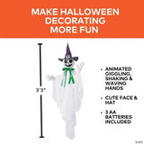 39 1/4" Animated Hanging Smiling Ghost with Witch Hat & Green Bow Halloween Decoration
