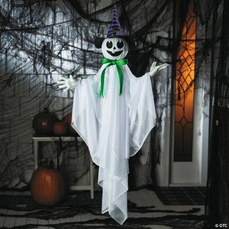 Animated Hanging Smiling Ghost Halloween Decor with Witch Hat and Bow, featuring a classic spooky Halloween witch