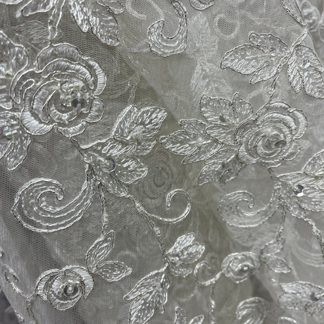 1 Yard 52" Wide Beaded & Corded Bridal Lace Fabric Embroidered on 100% Polyester Net Mesh