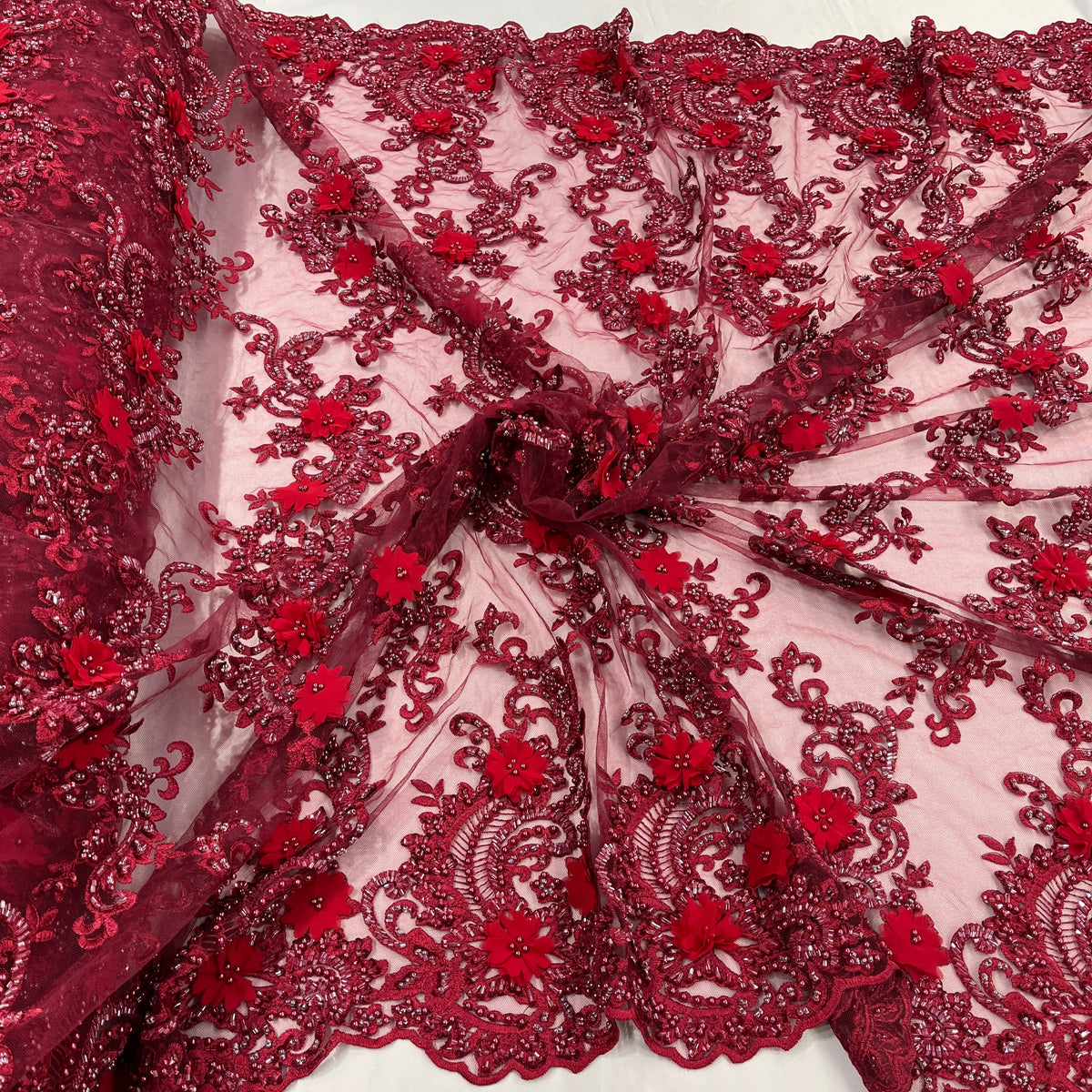 1 Yard 3D Beaded Floral Lace Fabric Embroidered on 100% Polyester Net Mesh 52" Wide
