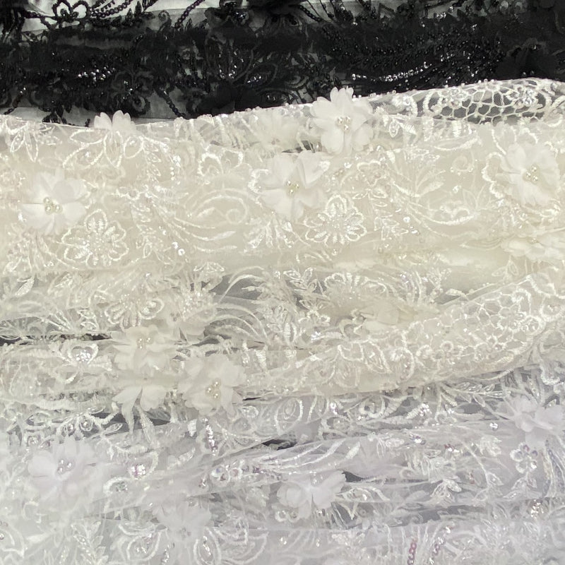 3D Chiffon Flower Pearls And Beaded Lace Polyester Fabric - Black, White, Off White, 3D Floral Beaded Lace, 54" Width (1 Yard)