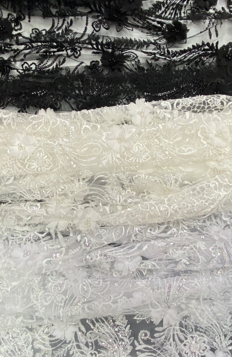 3D Chiffon Flower Pearls And Beaded Lace Polyester Fabric - Black, White, Off White, 3D Floral Beaded Lace, 54" Width (1 Yard)