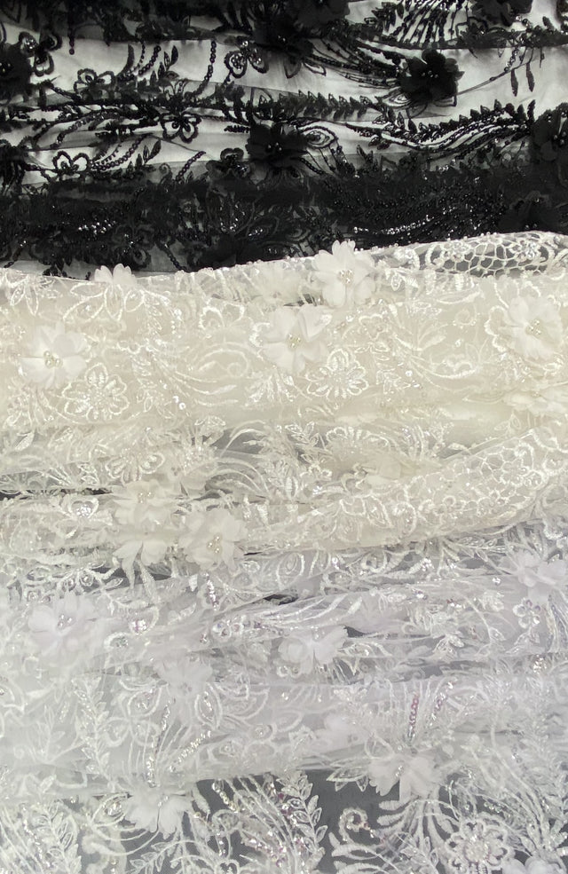3D Chiffon Flower Pearls And Beaded Lace Polyester Fabric - Black, White, Off White, 3D Floral Beaded Lace, 54" Width (1 Yard)