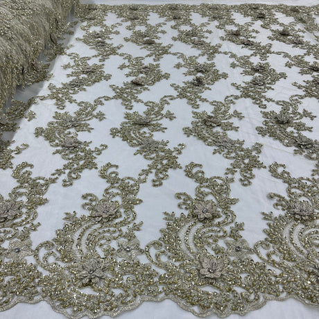 1 Yard Beaded 3D Floral Lace Fabric Embroidered on Polyester Net Mesh 52 inch Width