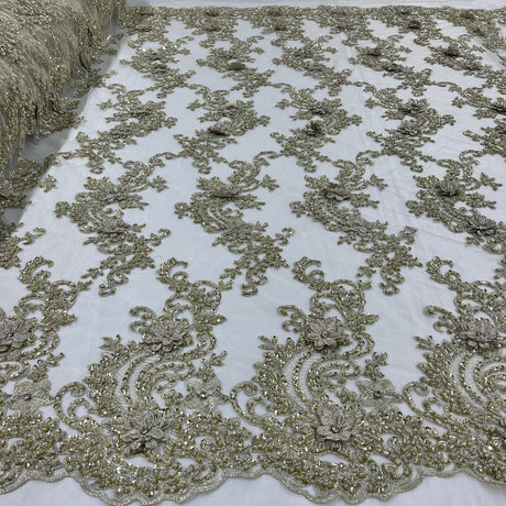 1 Yard Beaded 3D Floral Lace Fabric on Polyester Net Mesh, Dusty Rose, 52" Wide, Elegant Embroidered Lace Fabric