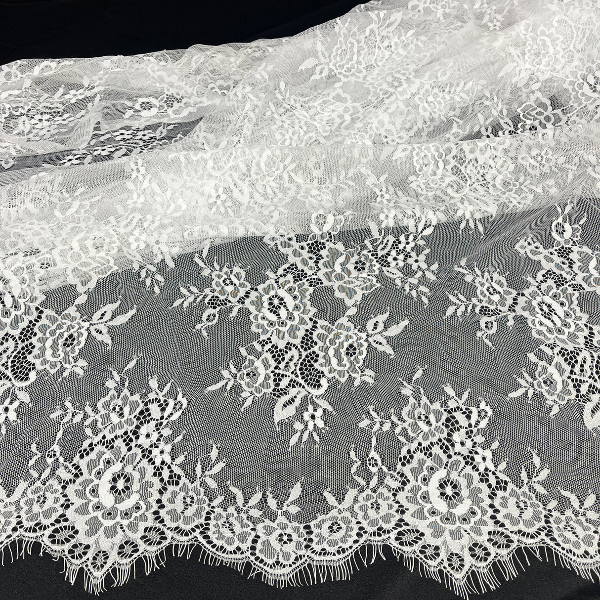 Embroidered Lace Fabric with Eyelash Scallop