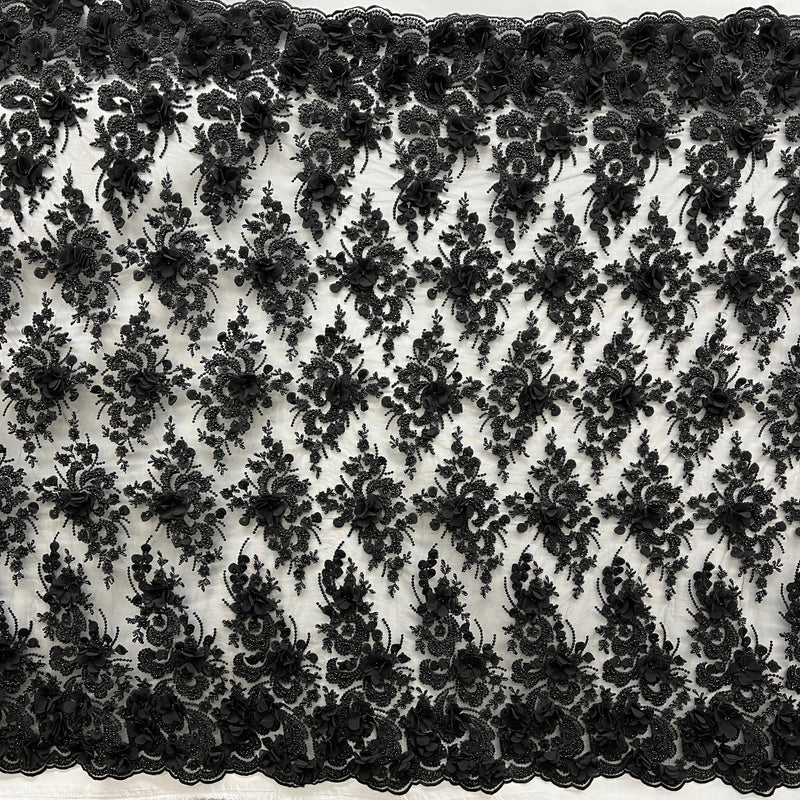 1 Yard Beaded 3D Floral Lace Fabric on Polyester Net Mesh, Embroidered Textile, 54" Width