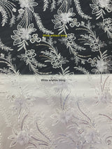 3D Chiffon Flower Pearls And Beaded Lace Polyester Fabric - Black, White, Off White, 3D Floral Beaded Lace, 54" Width (1 Yard)