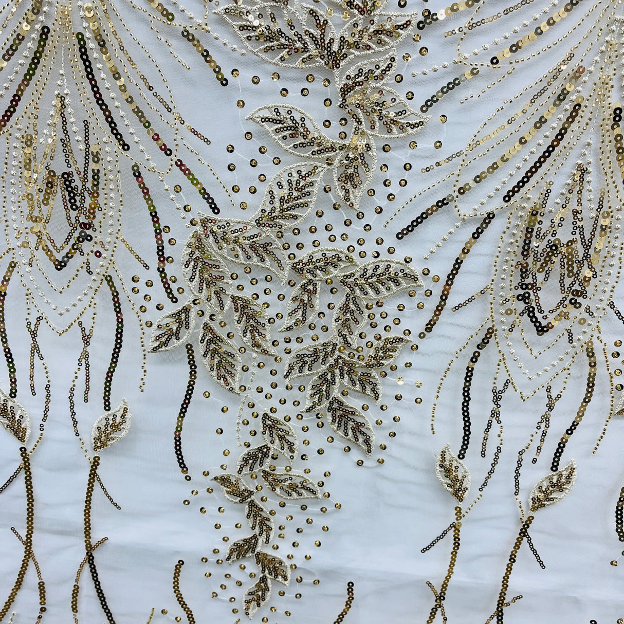 Beaded Sequined Lace Fabric Leaf Vine