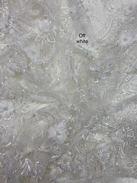 3D Chiffon Flower Pearls And Beaded Lace Polyester Fabric - Black, White, Off White, 3D Floral Beaded Lace, 54" Width (1 Yard)