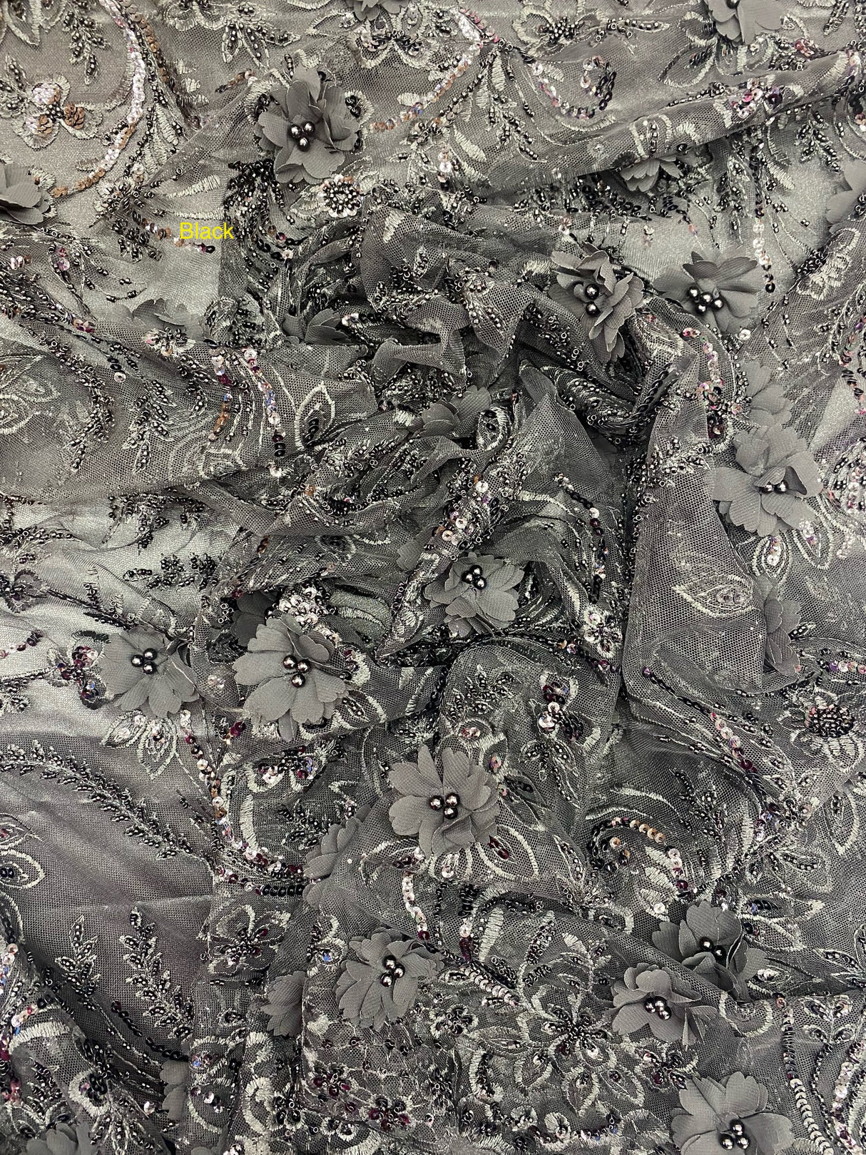 3D Chiffon Flower Pearls And Beaded Lace Polyester Fabric - Black, White, Off White, 3D Floral Beaded Lace, 54" Width (1 Yard)