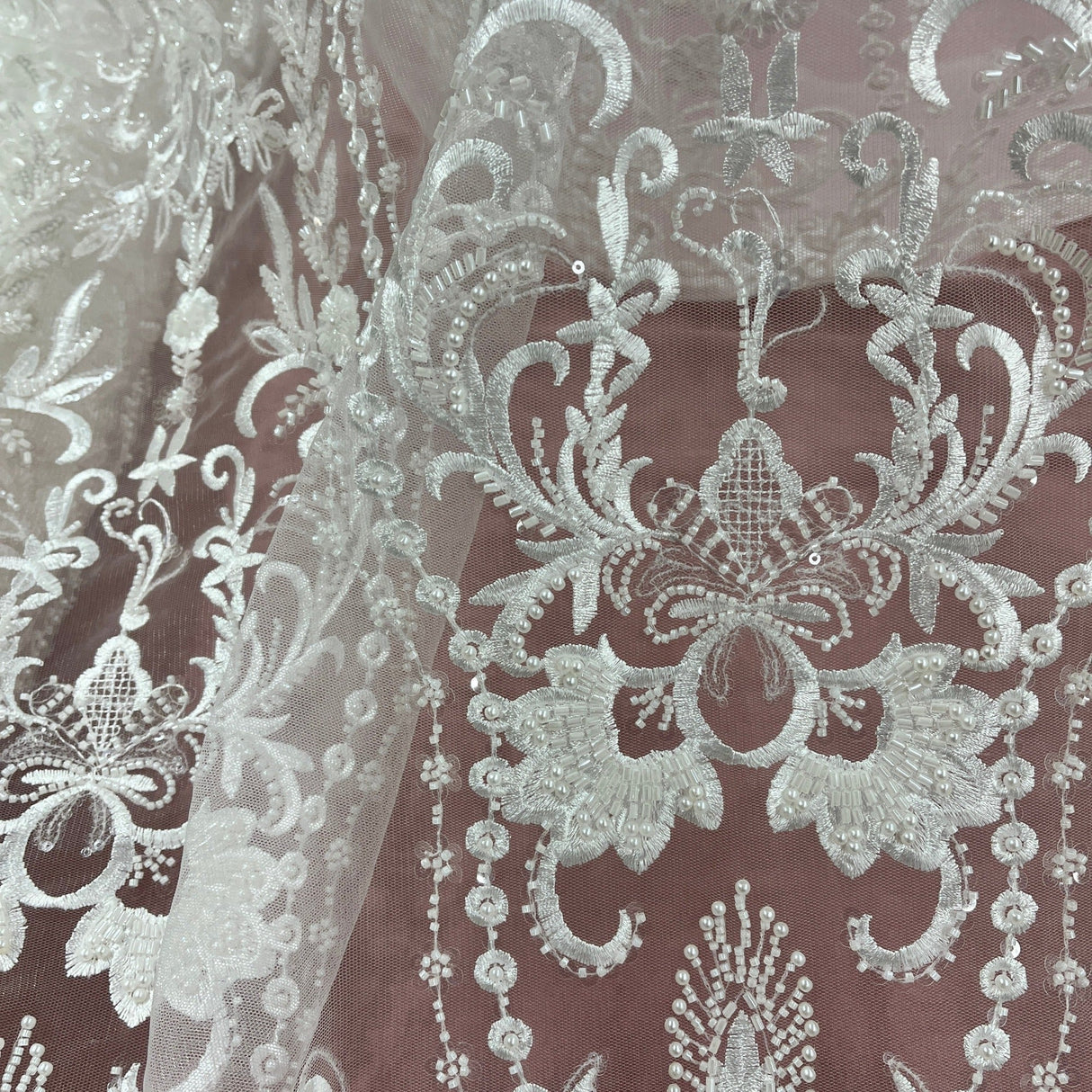 Beaded Lace Fabric Embroidered On 100 Percent Polyester Net Mesh - Off White, Antique Silver, White, 50" Wide (1 Yard)