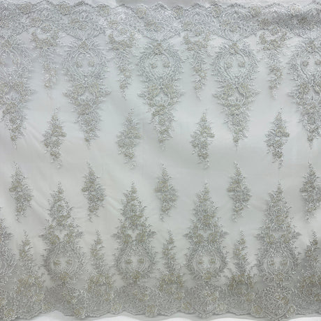 Beaded Corded Bridal Lace Fabric - Embroidered Net Mesh, White, Ivory, Silver, Gold, 54" Wide (1 Yard)