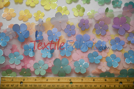 3D Floral Ombre On Tulle Polyester Fabric - Vibrant Rainbow Colors, 54" Width (1 Yard)