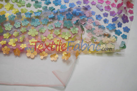 3D Floral Ombre On Tulle Polyester Fabric - Vibrant Rainbow Colors, 54" Width (1 Yard)