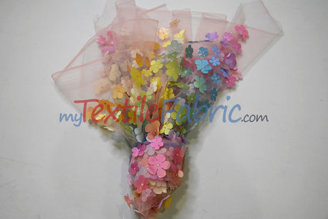 3D Floral Ombre On Tulle Polyester Fabric - Vibrant Rainbow Colors, 54" Width (1 Yard)