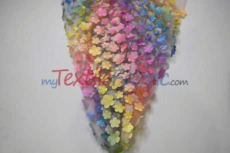 3D Floral Ombre On Tulle Polyester Fabric - Vibrant Rainbow Colors, 54" Width (1 Yard)