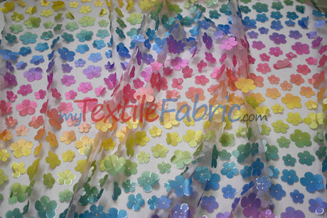 3D Floral Ombre On Tulle Polyester Fabric - Vibrant Rainbow Colors, 54" Width (1 Yard)