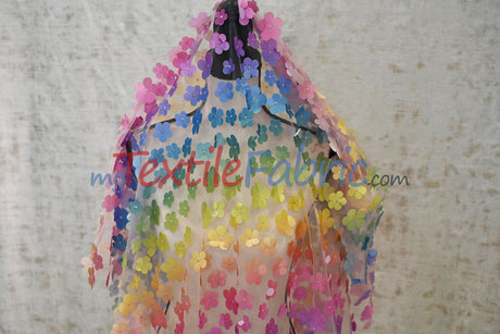 3D Floral Ombre On Tulle Polyester Fabric - Vibrant Rainbow Colors, 54" Width (1 Yard)