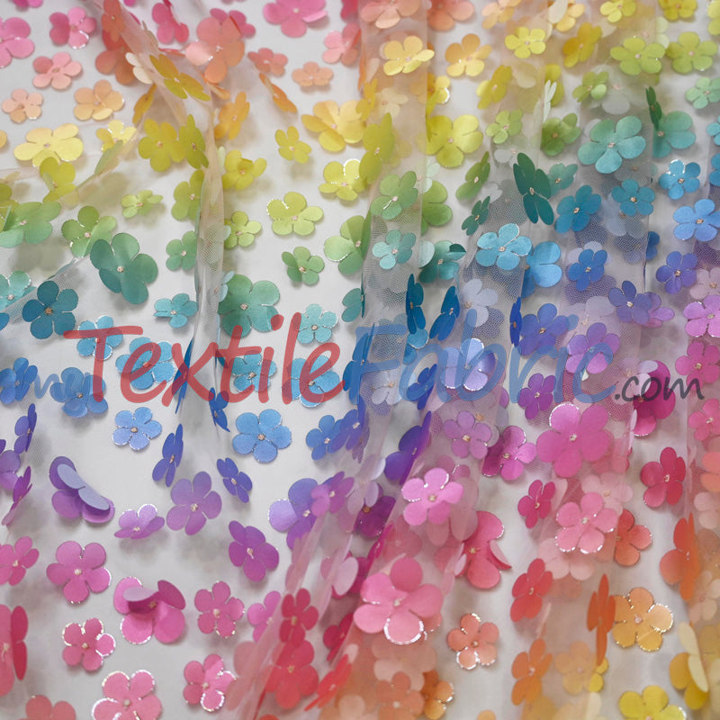 3D Floral Ombre On Tulle Polyester Fabric - Vibrant Rainbow Colors, 54" Width (1 Yard)