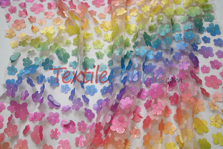 3D Floral Ombre On Tulle Polyester Fabric - Vibrant Rainbow Colors, 54" Width (1 Yard)
