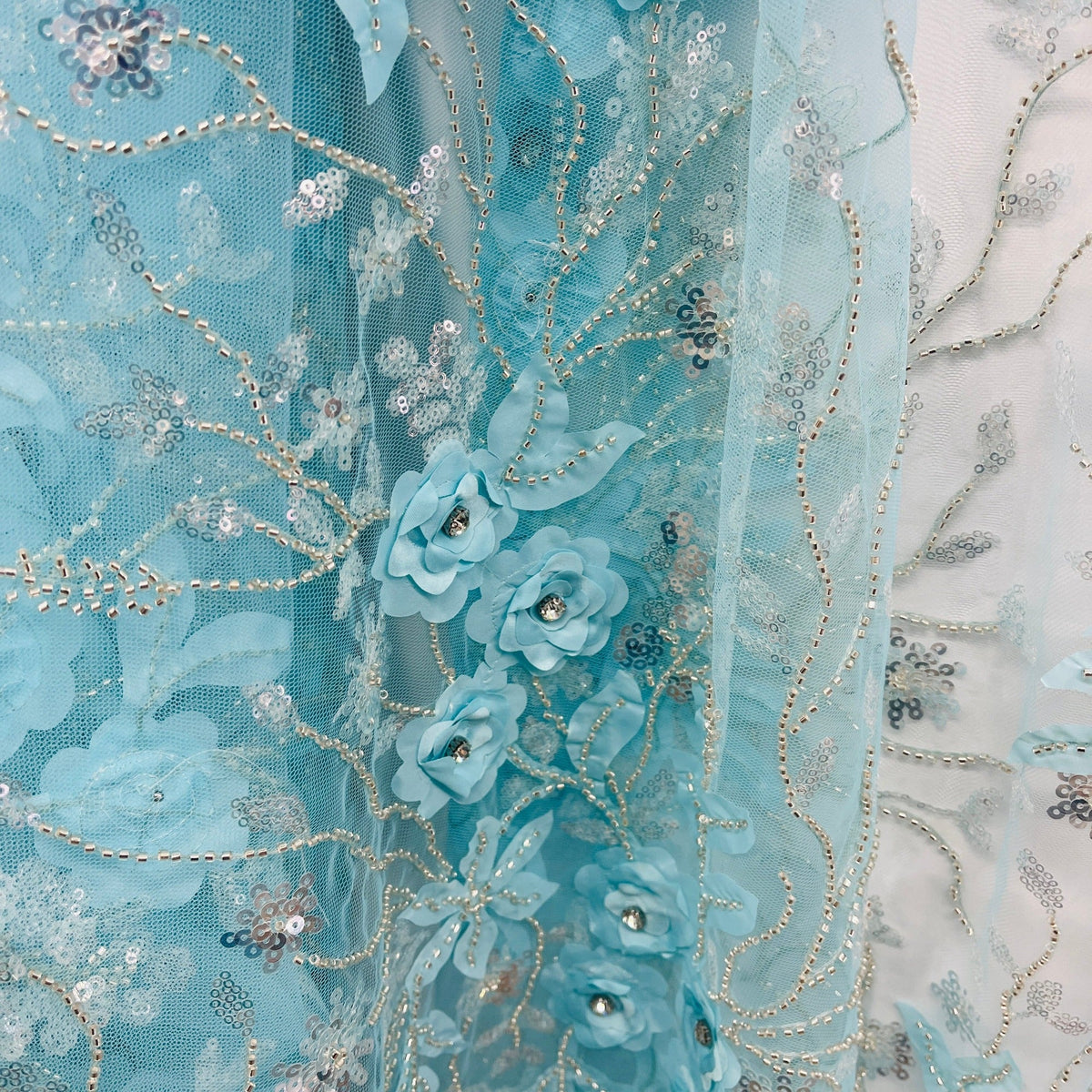 1 Yard Beaded 3D Floral Lace Fabric on 100% Polyester Net Mesh, Elegant Embroidered Textile