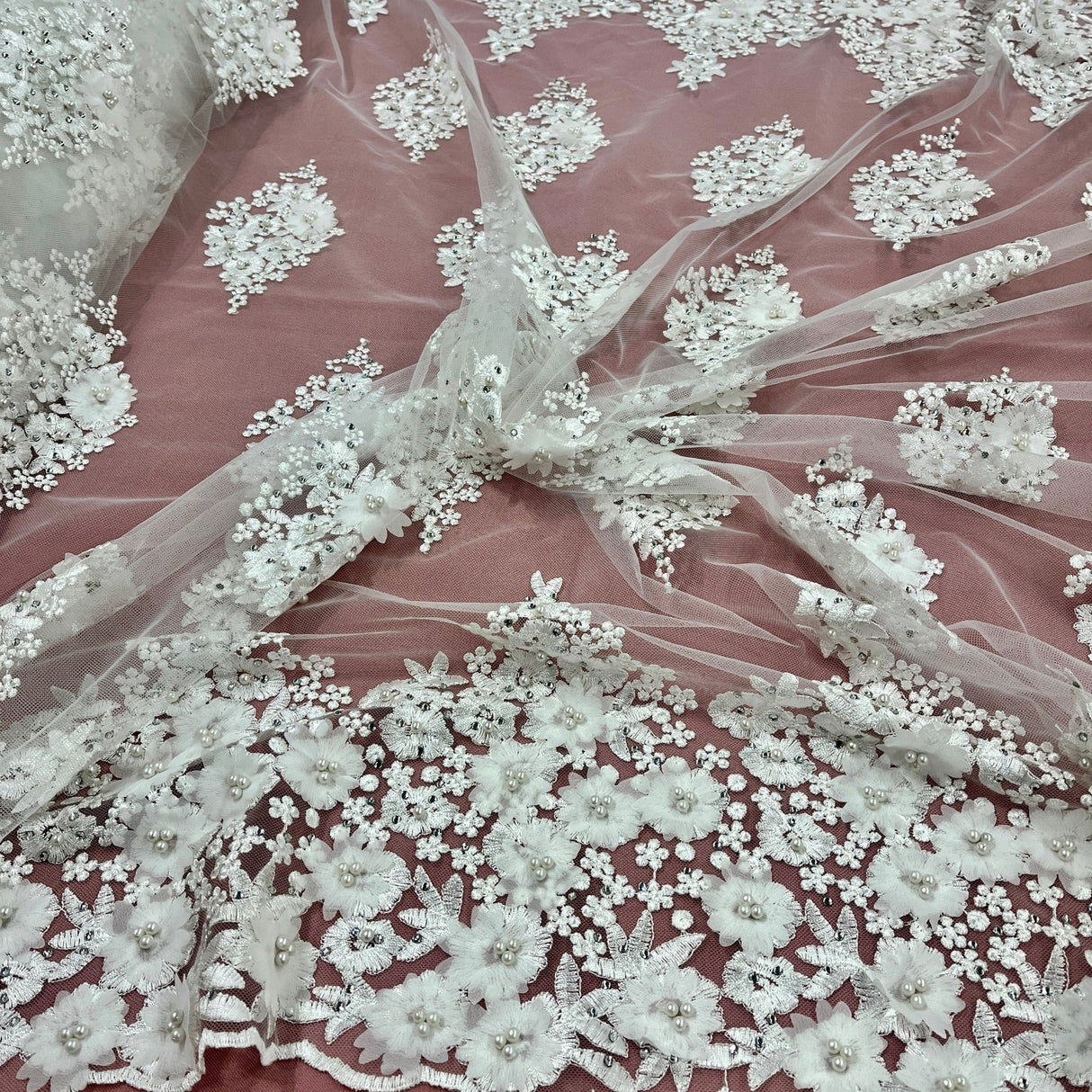 1 Yard Beaded 3D Floral Lace Fabric Embroidered on 100% Polyester Net Mesh 52" Width