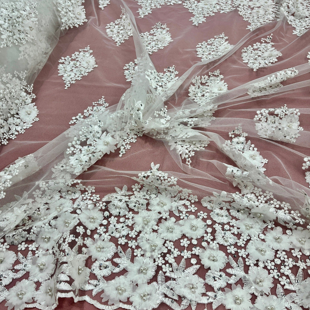 Beaded 3D Floral Lace Polyester Fabric - Off White, Gold, Silver, Lt. Blue, 52" Wide (1 Yard)