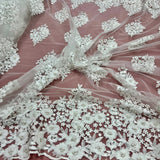 Beaded 3D Floral Lace Polyester Fabric - Off White, Gold, Silver, Lt. Blue, 52" Wide (1 Yard)