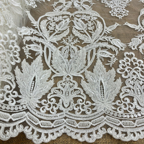 1 Yard Beaded & Corded Bridal Lace Fabric Embroidered on 100% Polyester Net Mesh 54" Wide