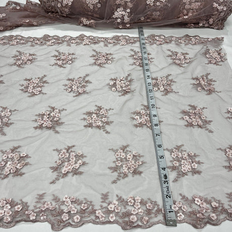 Beaded Double Sided 3D Floral Lace Trimming Polyester Fabric - 3D Floral Embroidered Net Mesh, 21" Width (1 Yard)