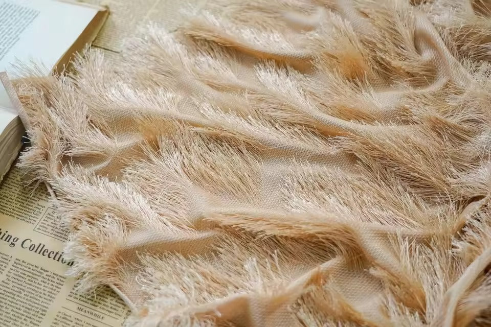 Fashionable Designer Fabric with Multicolor Long Fringe and Embossed Pattern for Dressmaking and Clothing