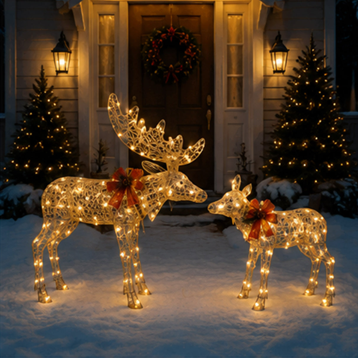 Lighted Elk Christmas Yard Decoration Set, Warm LED