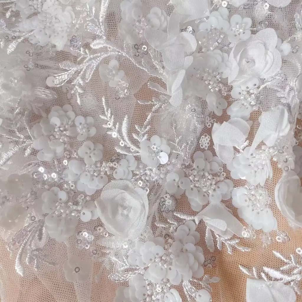 -White 3D Chiffon Flowers Beaded Sequins Embroidered Lace Fabric . Wedding Dress Shining Bride Fabric RS250481