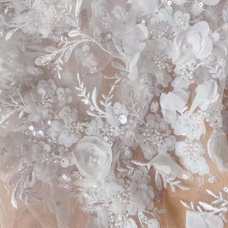 -White 3D Chiffon Flowers Beaded Sequins Embroidered Lace Fabric . Wedding Dress Shining Bride Fabric RS250481