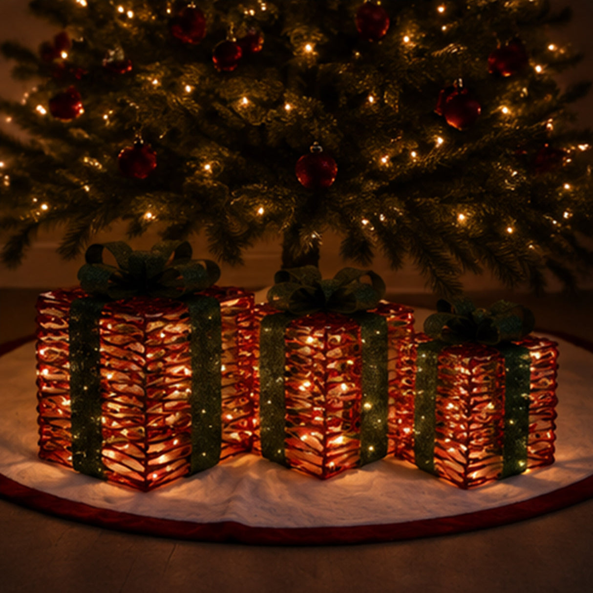 Red 3-Piece Christmas Gift Box Set Outdoor Decor