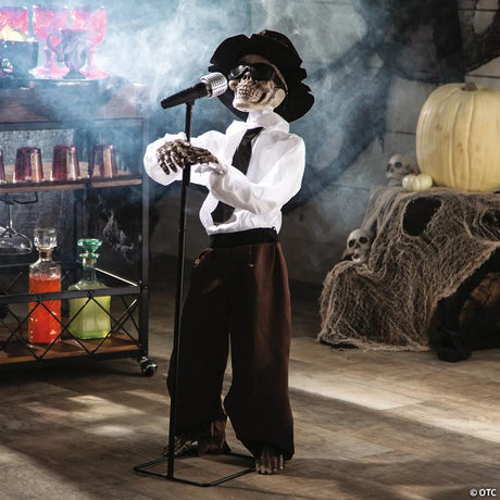 Animated Standing Singing Skeleton Halloween Decoration with Stand, stands upright for an eerie Halloween yard display