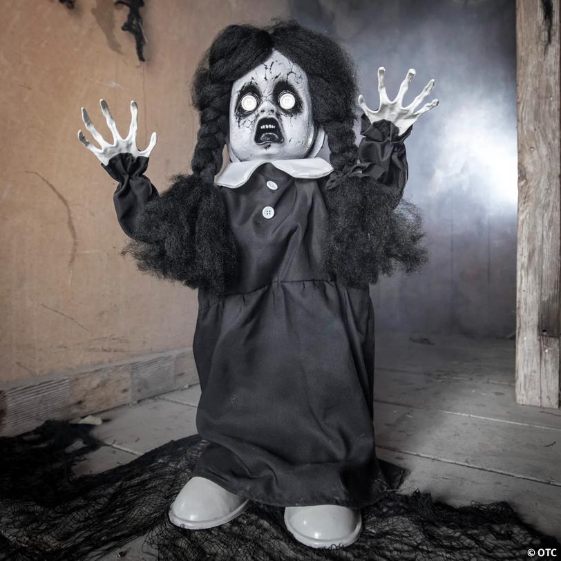 3 Ft. Black & White Scary Girl Animated Prop Standing Halloween Decoration