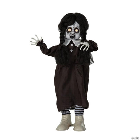 Scary Girl Animated Standing Halloween Prop with Spooky Details, stands upright for an eerie Halloween yard display