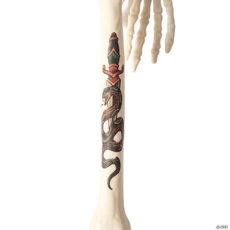 Posable Skeleton Halloween Decoration with Bright Tattoo Design, showing a detailed skeletal bone design