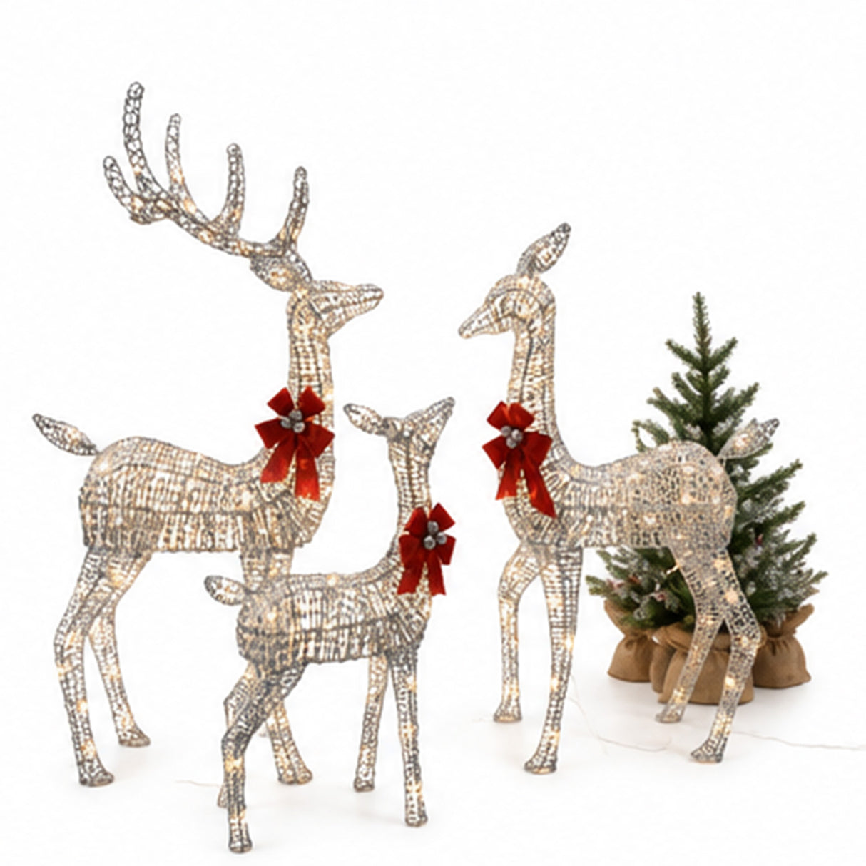 Champagne Wicker Reindeer Set with Warm White LED Lights