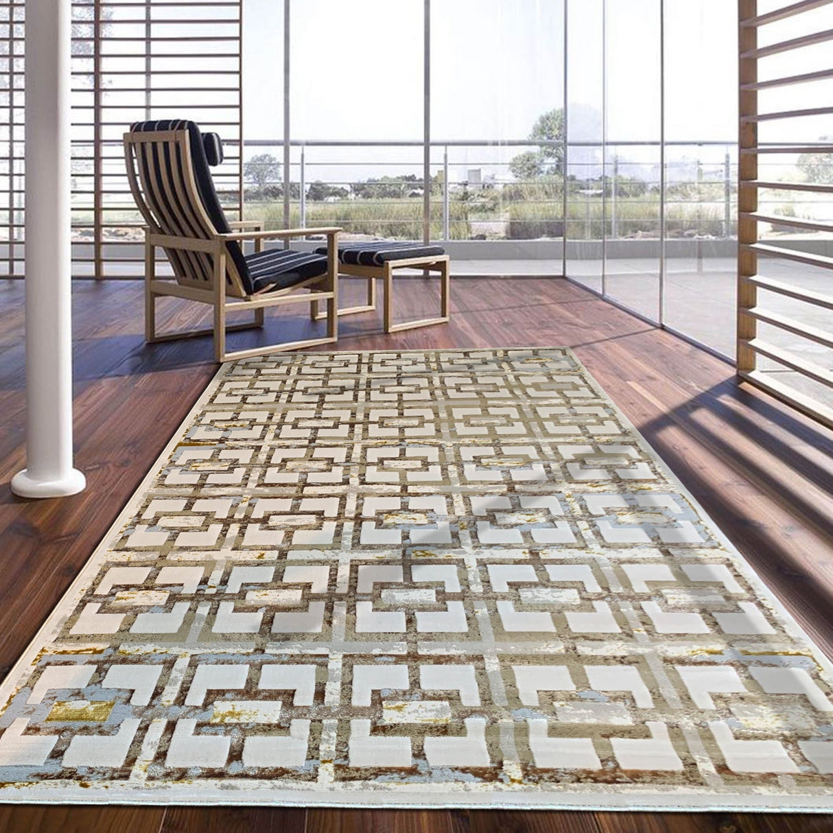 Maximus 200 Polyester Viscose Blend Fabric - Gold Geometric Print, Color-Changing Flat Weave, 7'6" X 10'3" (1 Unit)