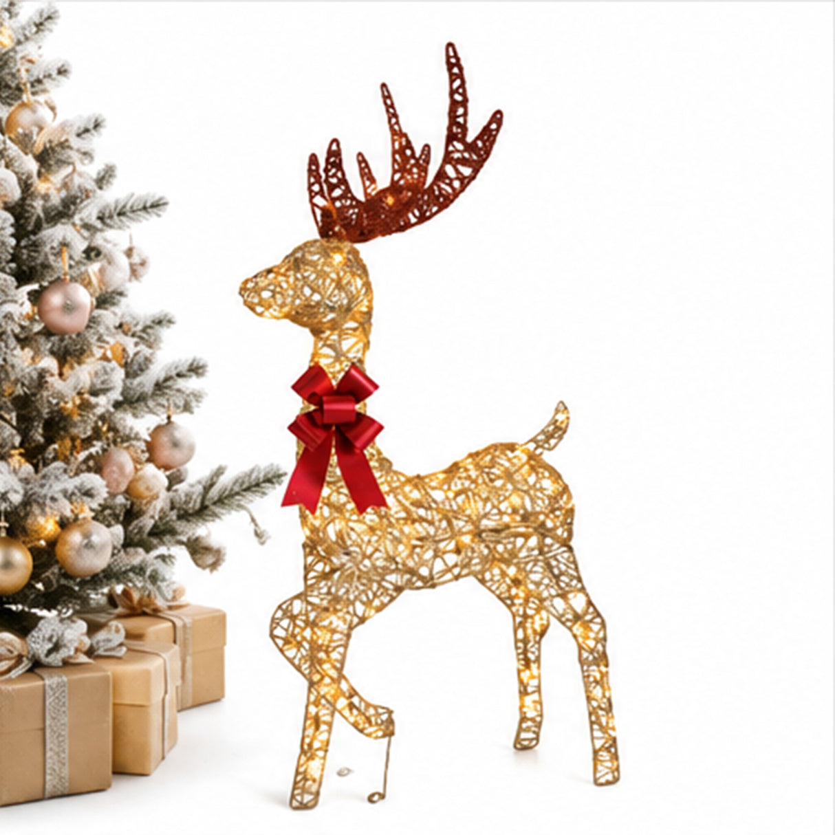 48 Inch Champagne Wicker Reindeer Warm White LED Decor