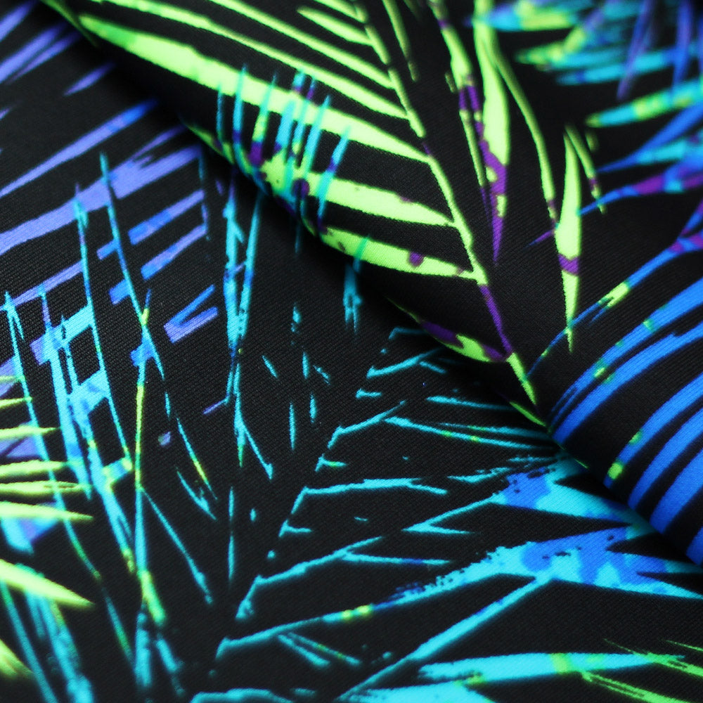 Electric Tropics Nylon Spandex Fabric - Tropical Palm Leaf Print, Multi, Orange-Red, Green-Blue, Pink-Purple, 58-60" Width (1 Yard)