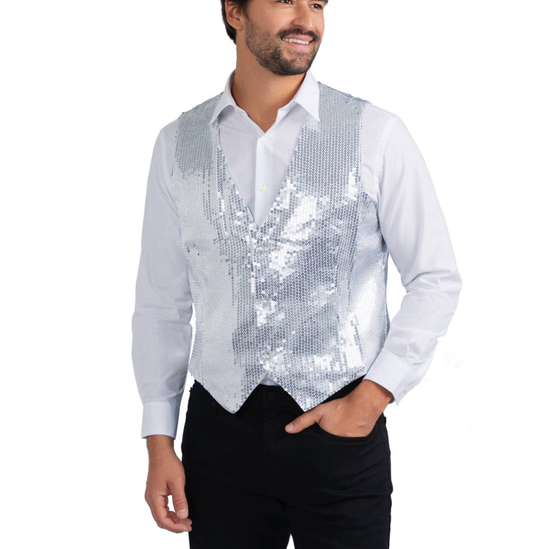 Silver sequined costume vest with adjustable buckle closure