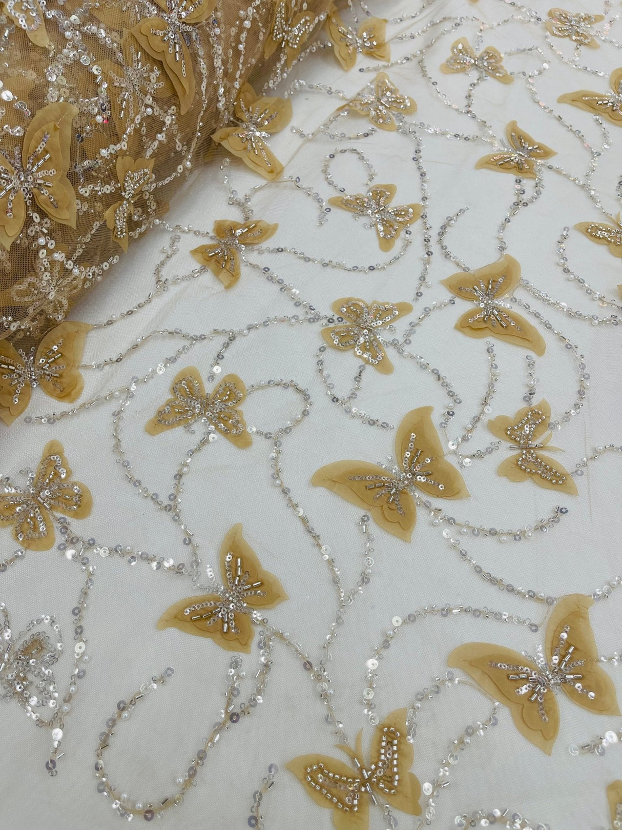 3D Beaded Butterfly On A Mesh Polyester Fabric - Beaded Butterfly Mesh Lace, 54" Width (1 Yard)