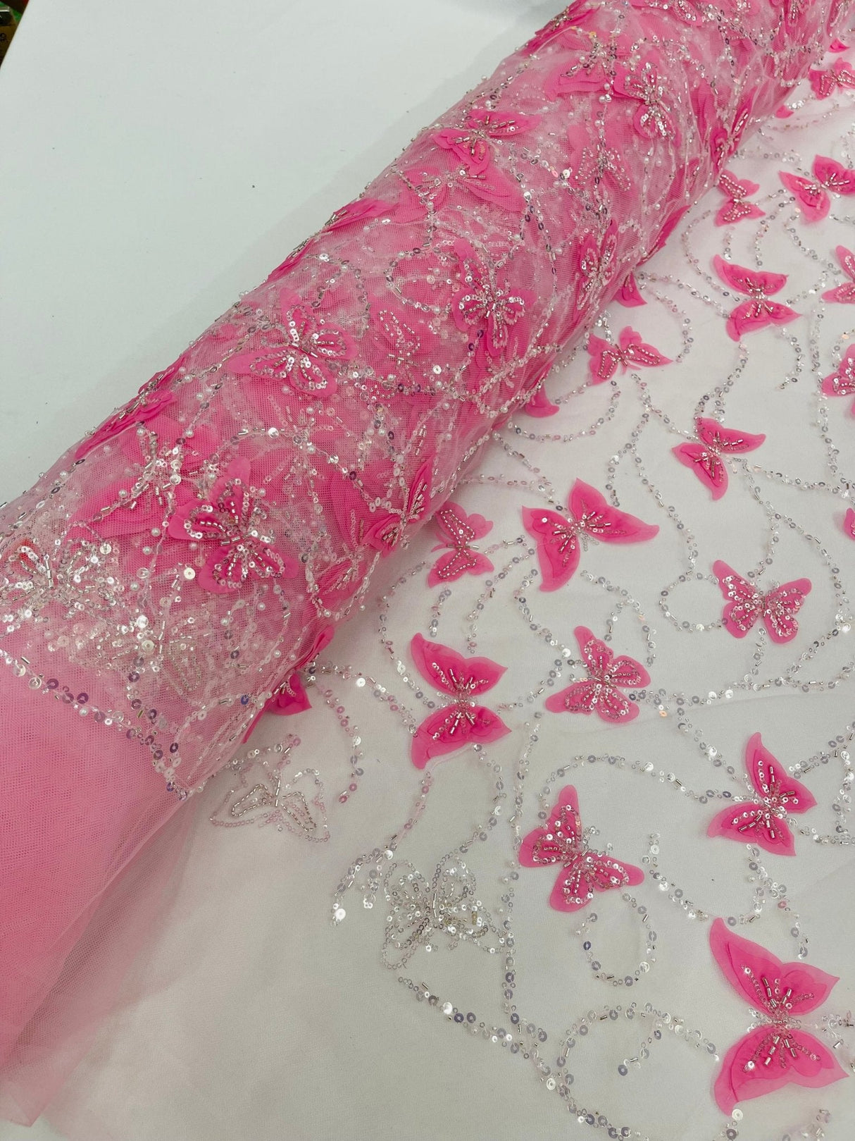 3D Beaded Butterfly On A Mesh Polyester Fabric - Beaded Butterfly Mesh Lace, 54" Width (1 Yard)