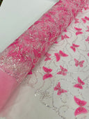 3D Beaded Butterfly On A Mesh Polyester Fabric - Beaded Butterfly Mesh Lace, 54" Width (1 Yard)